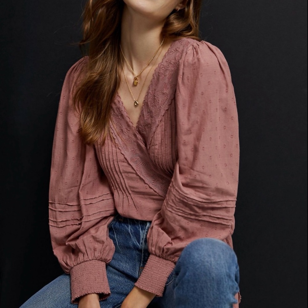 Women's Forever That Girl Dusty Rose Lace Trim Wrap Blouse